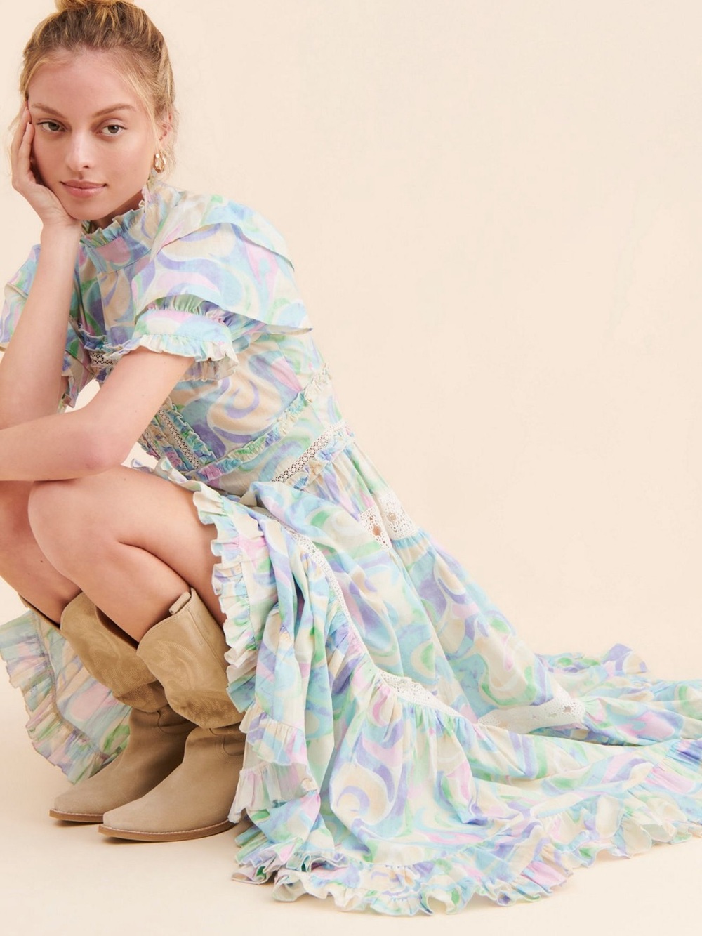 Pastel Swirl Ruffle Maxi Dress with Lace Trim - Multicolor